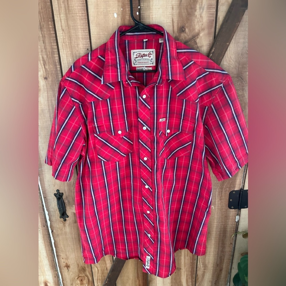Rafter C Mens Size XL Short Sleeve Pearl Snap Shirt Red Plaid Cowboy Western